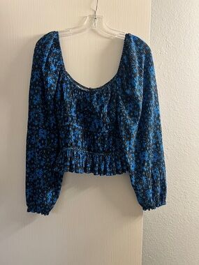 Zara Black and Blue Floral Smocked Peplum Top